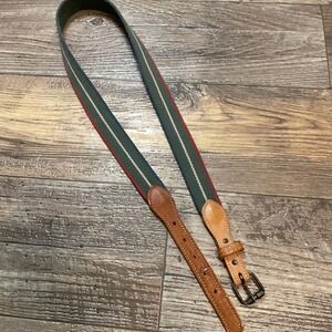 Mens Size 36 Striped Canvas Surcingle Belt Olive Green Red Genuine Leather Trim